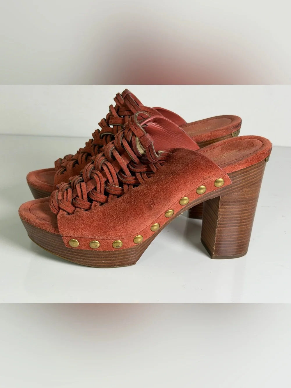 Michael Kors Women’s Sz 9 Rust Suede Woven Studded Platform Clog Heel Sandals